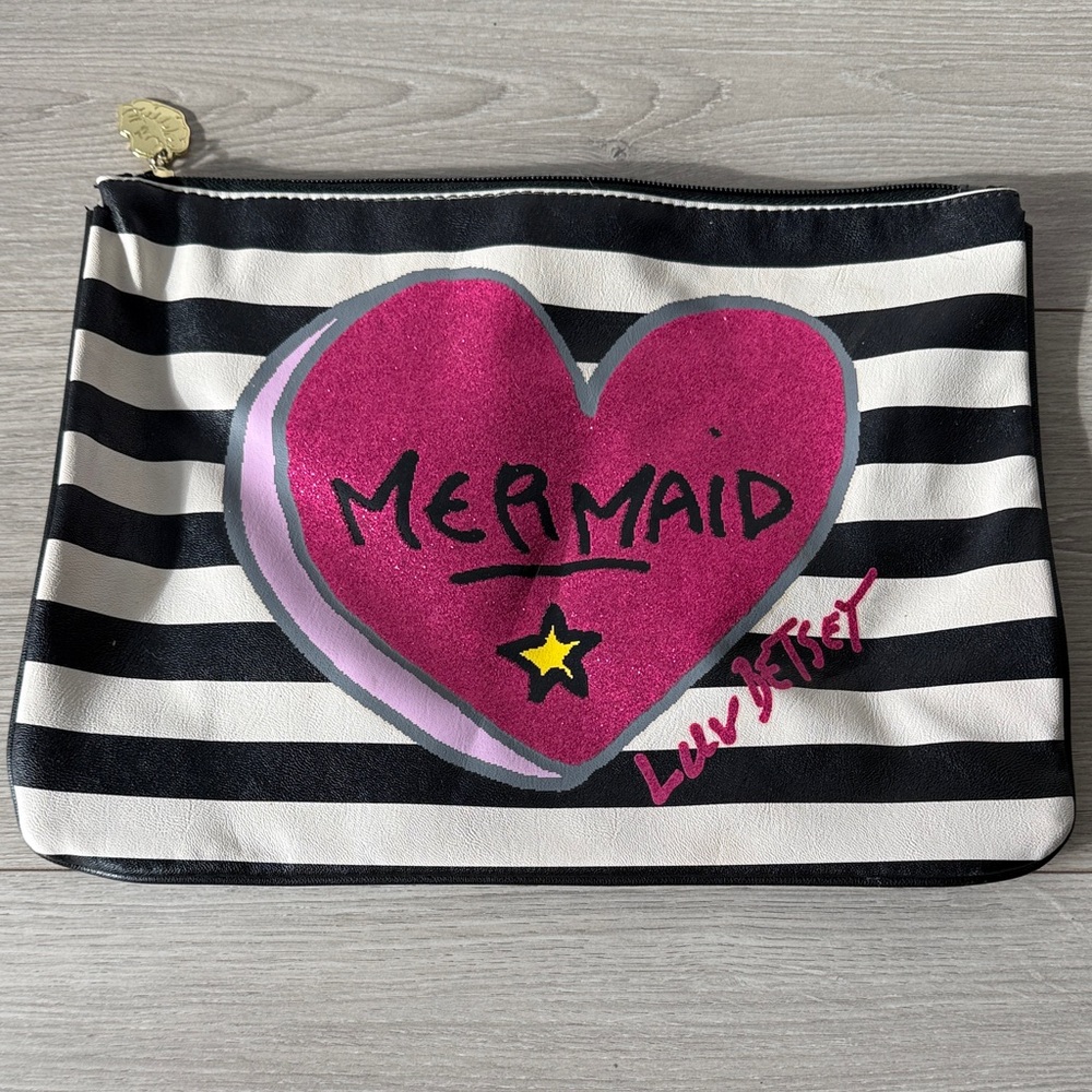 Betsey Johnson Striped Cosmetic Bag with Pink Heart